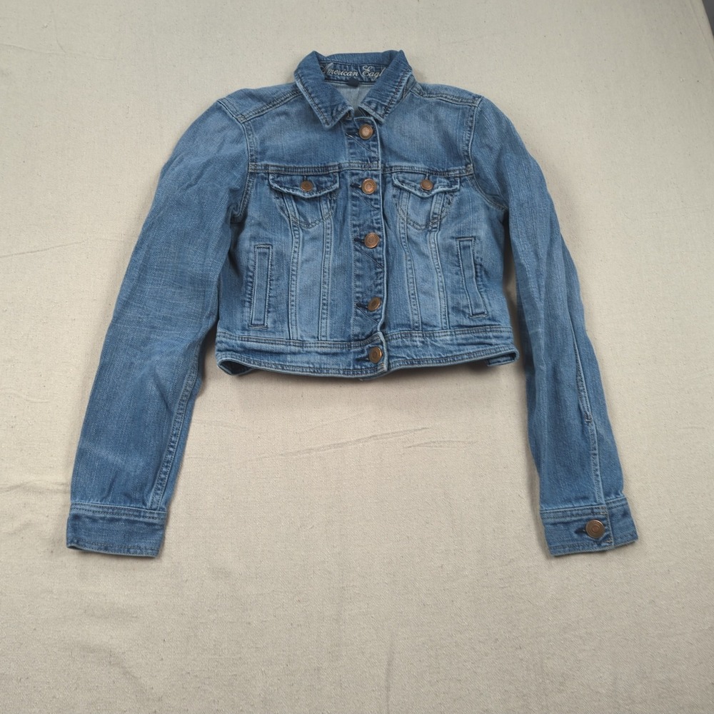 American Eagle Denim Jacket Womens Small Blue Distressed Cropped Trucker
